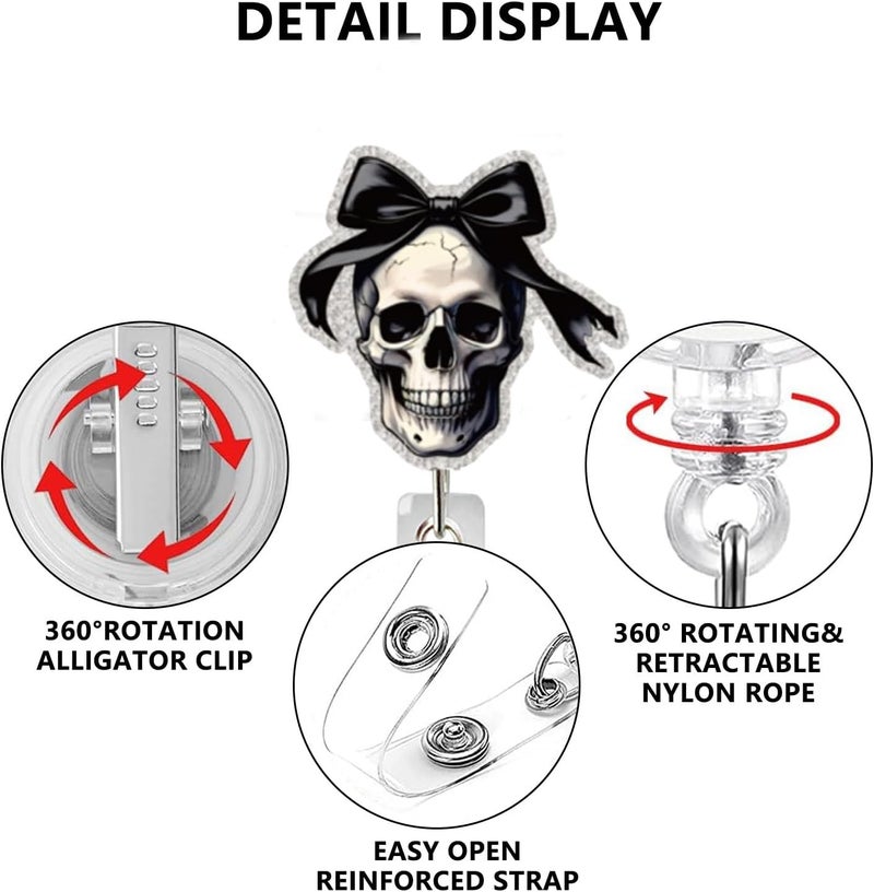 NSSHEL Halloween Skull Badge Reel Retractable for Nurse Nursing Student Medical Worker & Office Staff Acrylic Alligator Clip Badge Reel Halloween Skeleton with Bow ID Card Badge Holder Gifts - Image 3